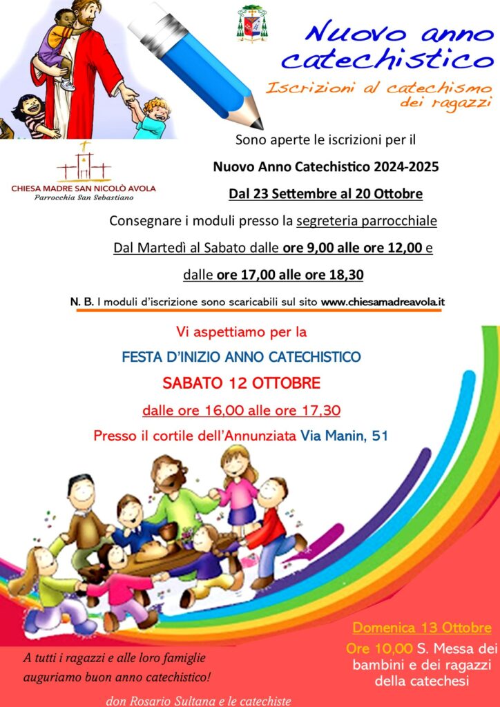 Il 12 ottobre nella nostra Parrocchia ha inizio il nuovo anno catechistico 2024-25 con una mega festa presso il cortile dell’Annunziata via Manin, 51 delle ore 16,00 alle ore 17,30. Domenica 13 alle ore 10,00 ci vediamo tutti a Messa e a conclusione della quale sarà possibile a chi non avesse ancora provveduto consegnare il modulo d'iscrizione debitamente compilato.